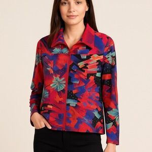 Clara Sun Woo Abstract Print Sequin Zip Front‎ Jacket Women's Size L Luxury